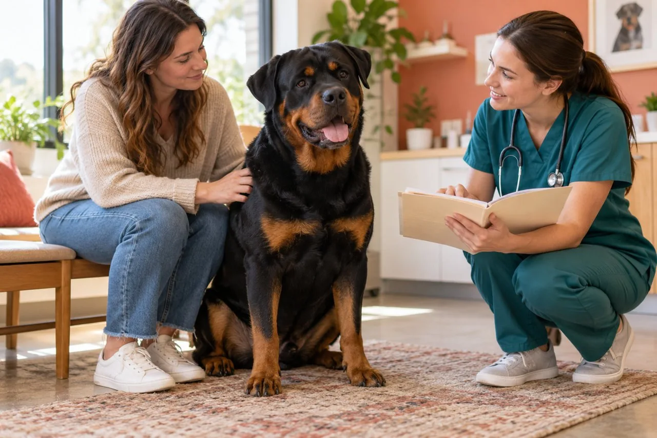 Veterinarian discussing a folder with an owner beside a black-and-tan dog